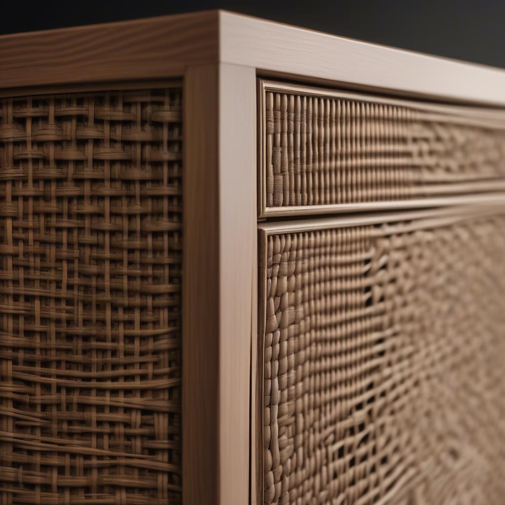 Detailed view of the intricate wicker weave on the p.s. wick cabinet grand, highlighting the craftsmanship and quality of materials.