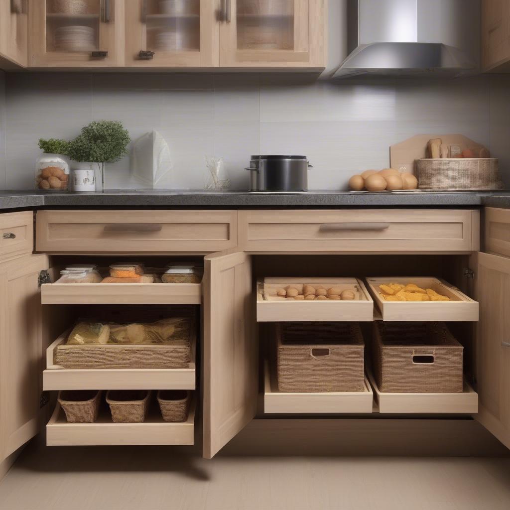 Pull out wicker baskets neatly organizing various food items inside a kitchen cabinet