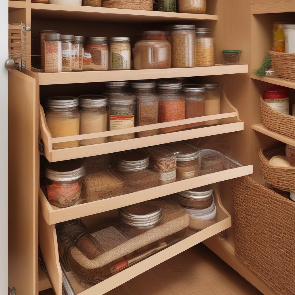 Pull out wicker baskets inside a kitchen cabinet, neatly organizing various pantry items and kitchenware.