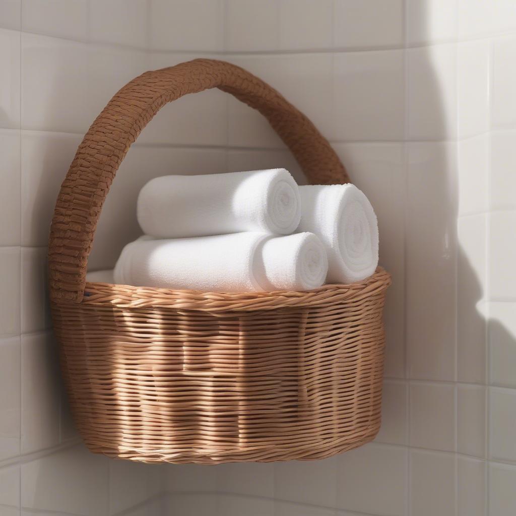 Quarter round wicker storage basket neatly tucked into a bathroom corner, holding towels and toiletries.