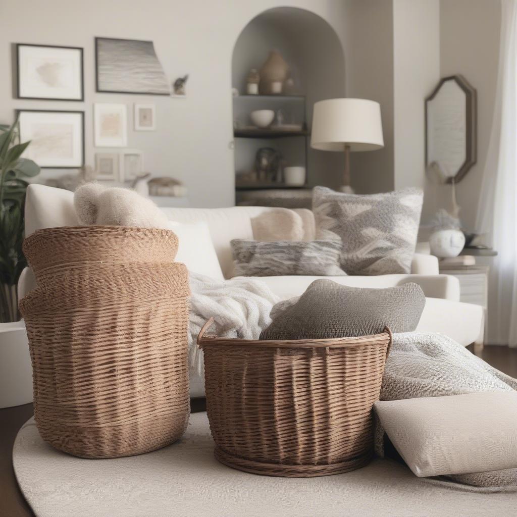 A quarter round wicker basket in a living room setting filled with blankets and throw pillows.