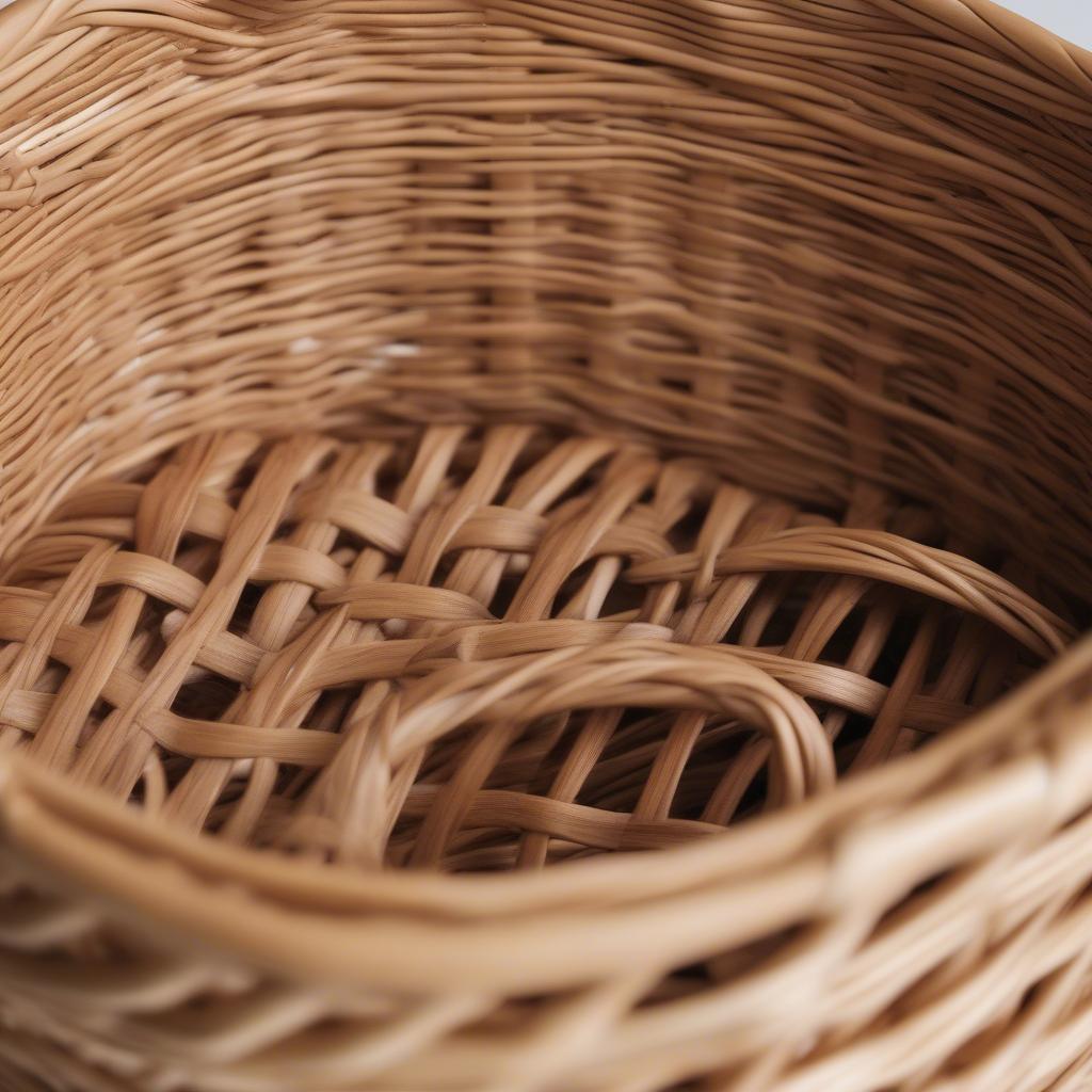 Close-up view of rattan nesting baskets with insert handles, highlighting the craftsmanship.