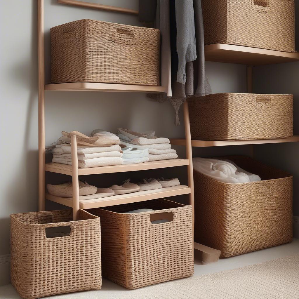 Rattan storage baskets in an organized closet