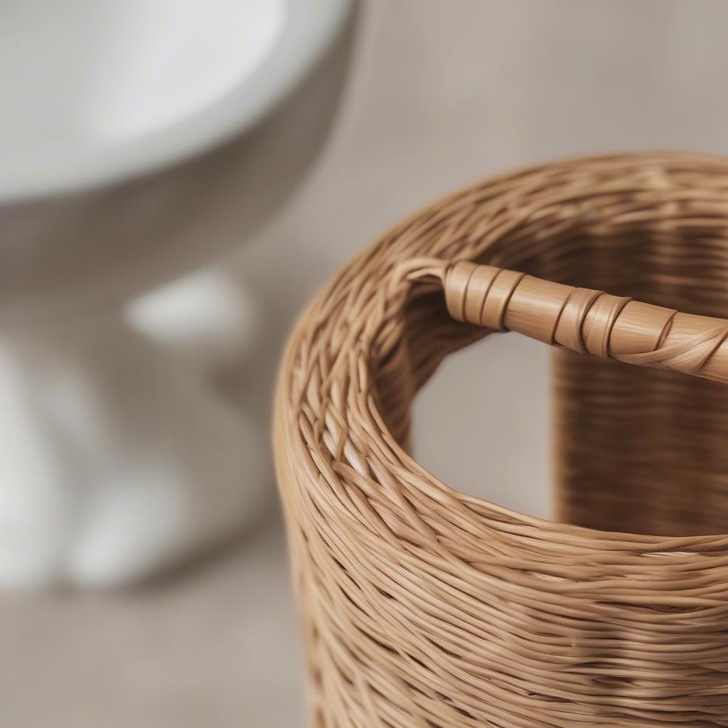 Close-up of tightly woven rattan toilet paper holder, showcasing its durability.