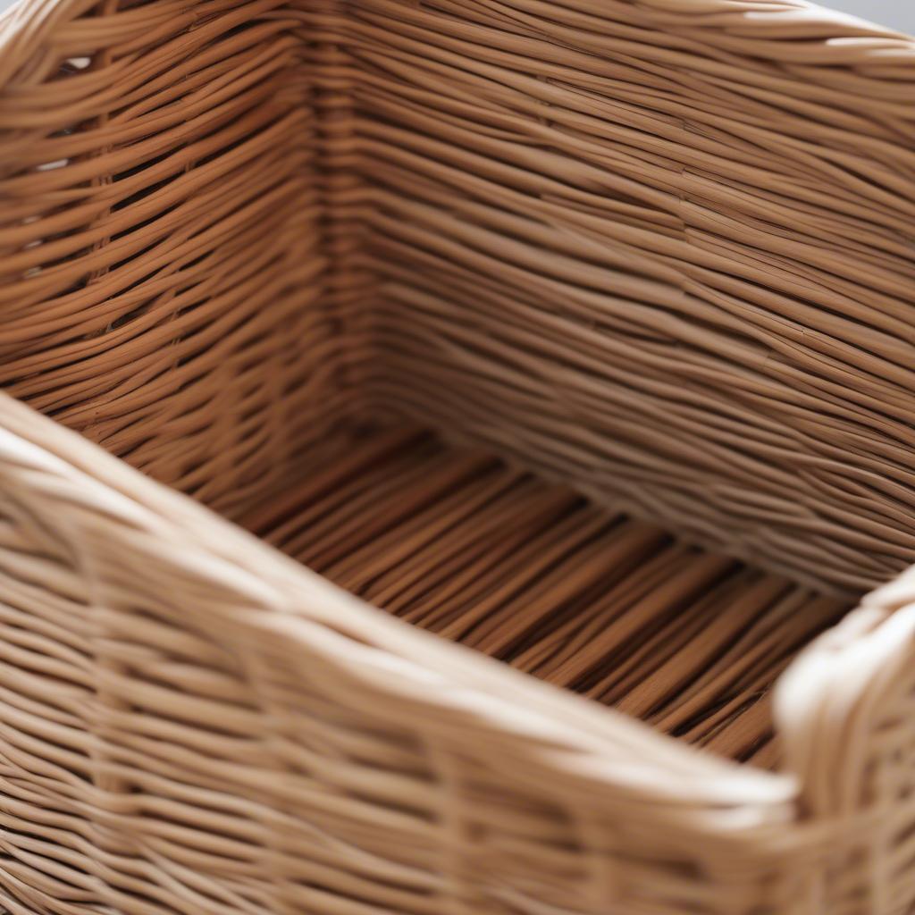 Close-up view of a rattan wicker basket dresser, highlighting the intricate weaving and natural material.