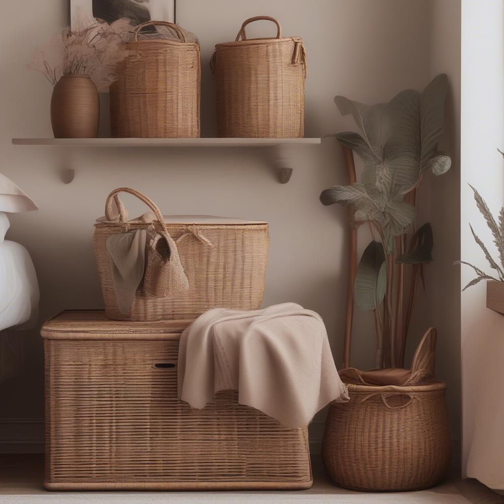 Rattan wicker baskets used for storage and organization in a bedroom, creating a calm and tidy space.