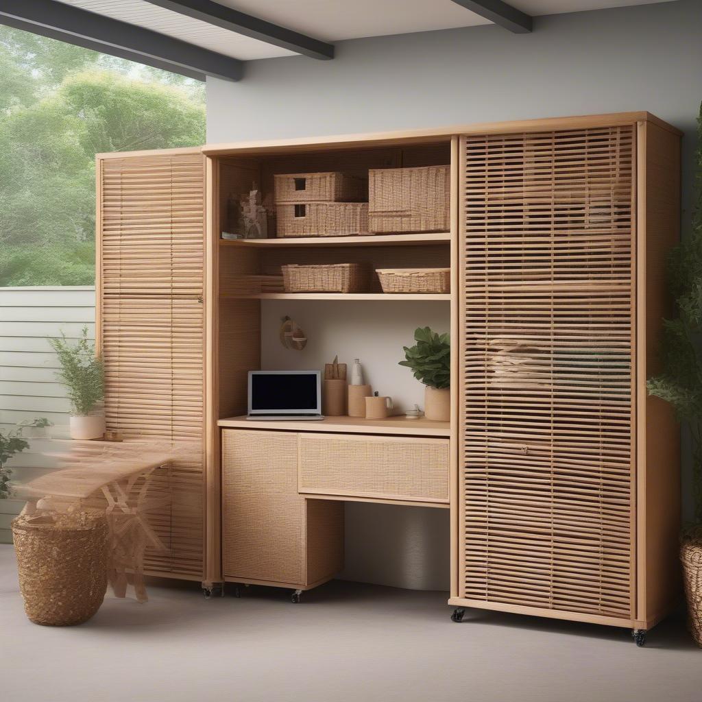 Rattan wicker blinds partially covering a garage workbench