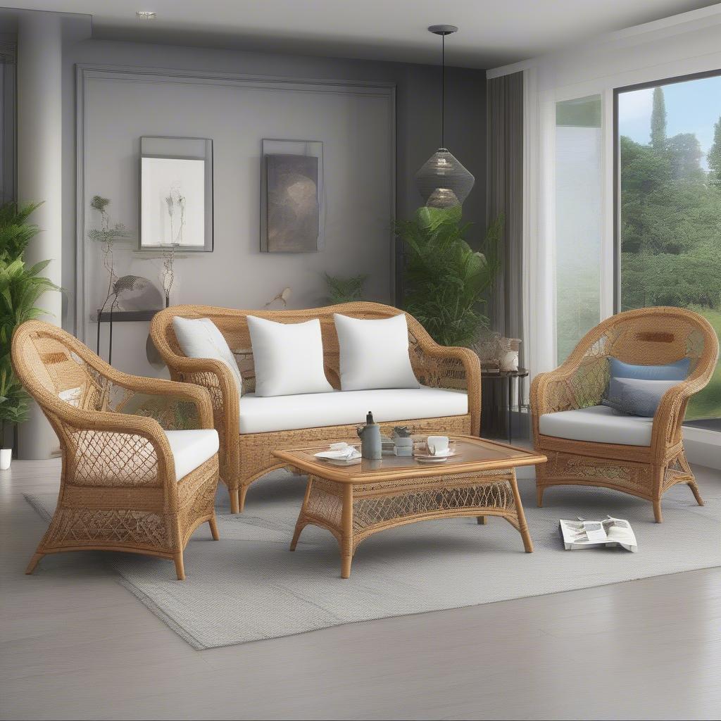 Rattan wicker furniture set placed in a stylish indoor living room setting.