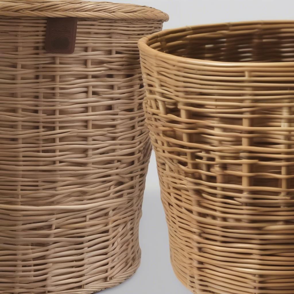 Close-up comparison of rattan and wicker materials used in kitchen storage baskets.