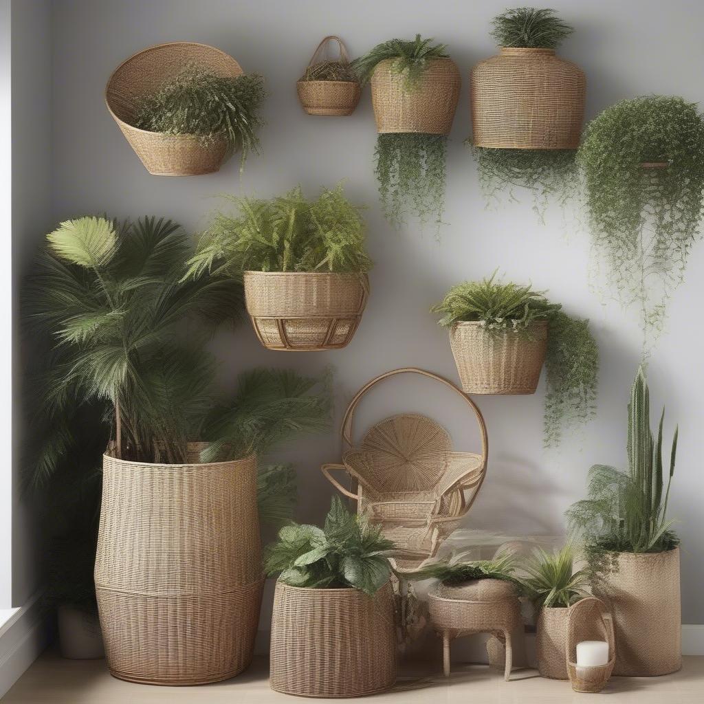 Various Rattan Wicker Plant Holders in Different Styles and Sizes