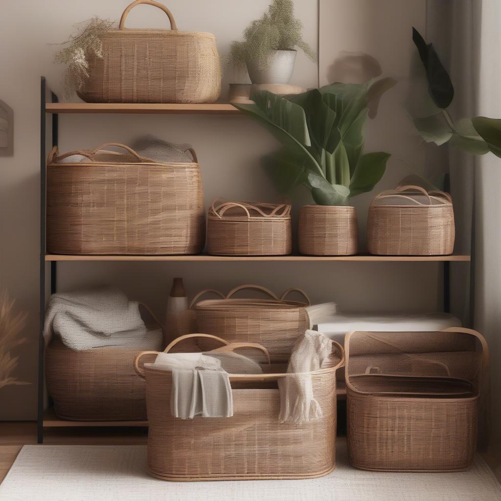 Rattan wicker storage baskets in a living room setting, showcasing their versatility and natural elegance.