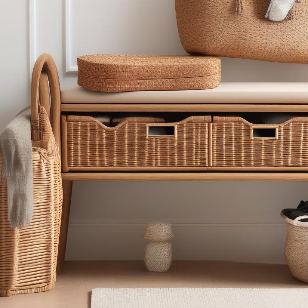 Rattan wicker storage bench in a home entryway, providing seating and storage for shoes and accessories.