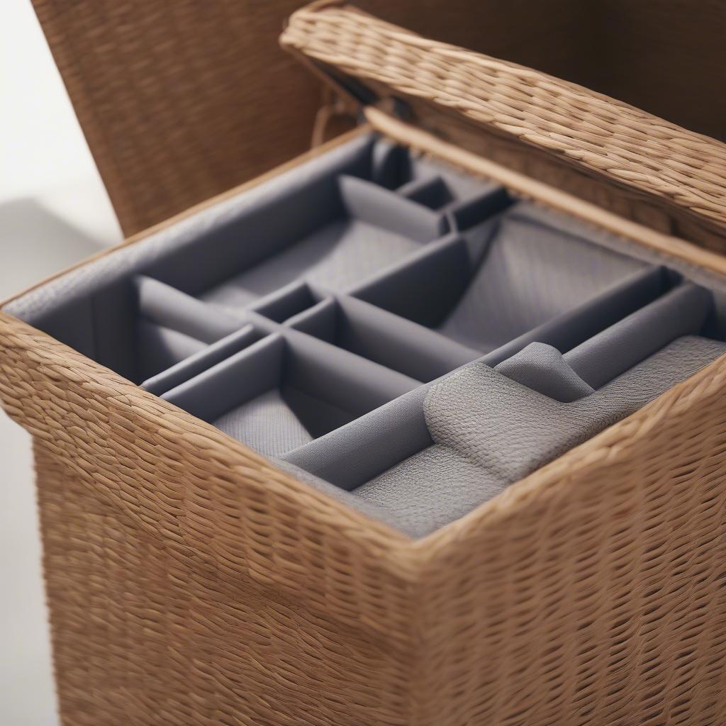 Close up view of a rattan wicker storage box, showing its spacious interior and sturdy construction.