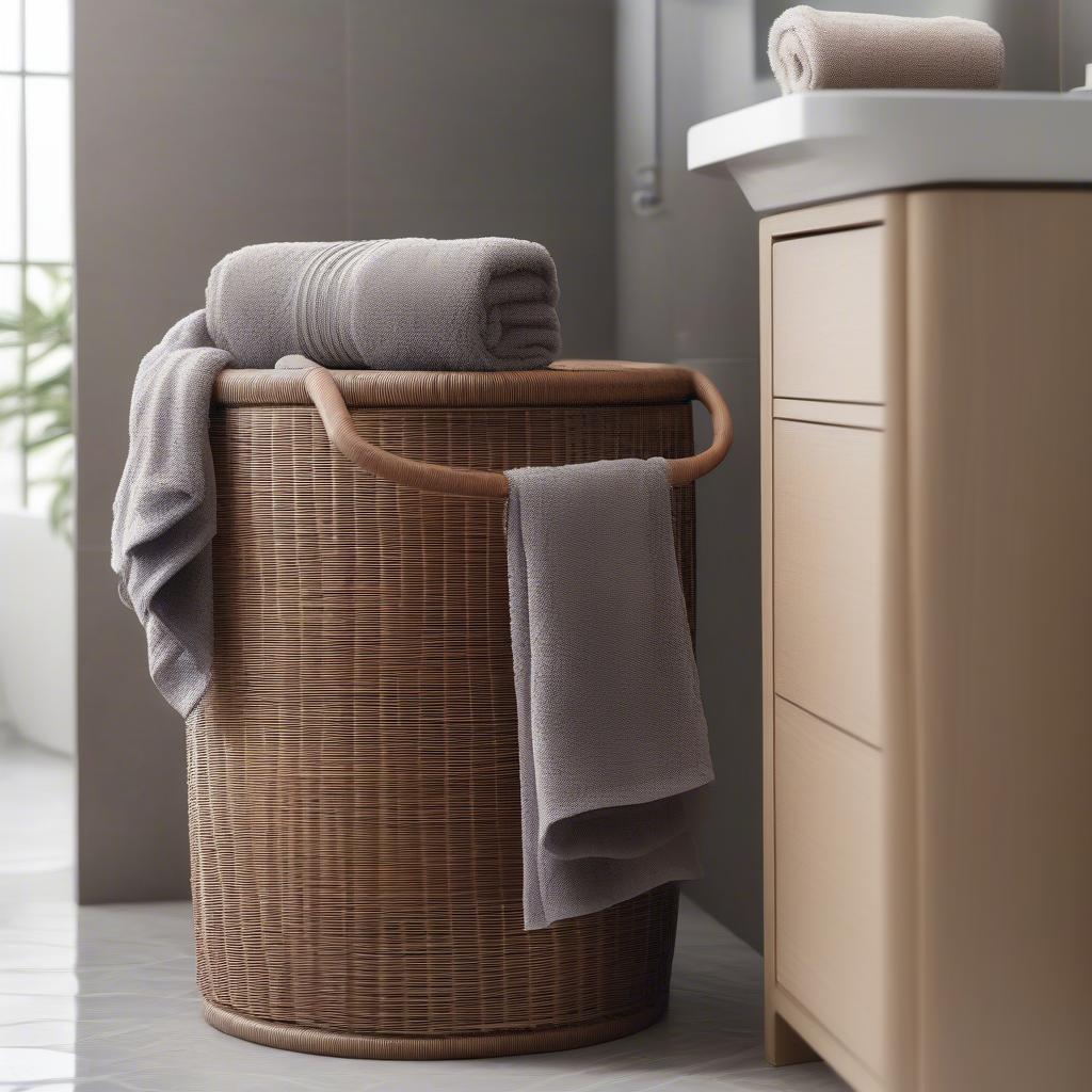 Durable Rattan Wicker Towel Hamper in a Bathroom Setting