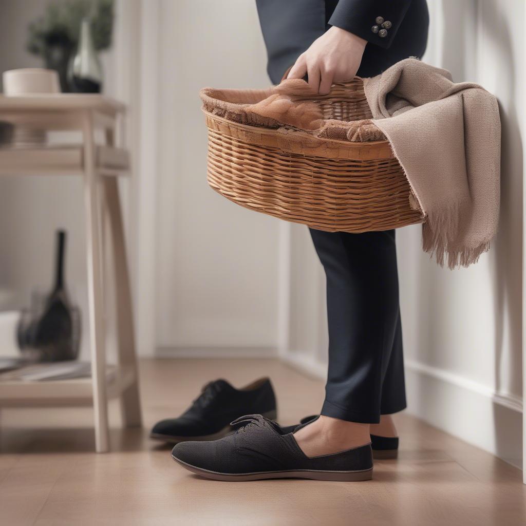 Realtor Using Shoe Cover Basket at Showing