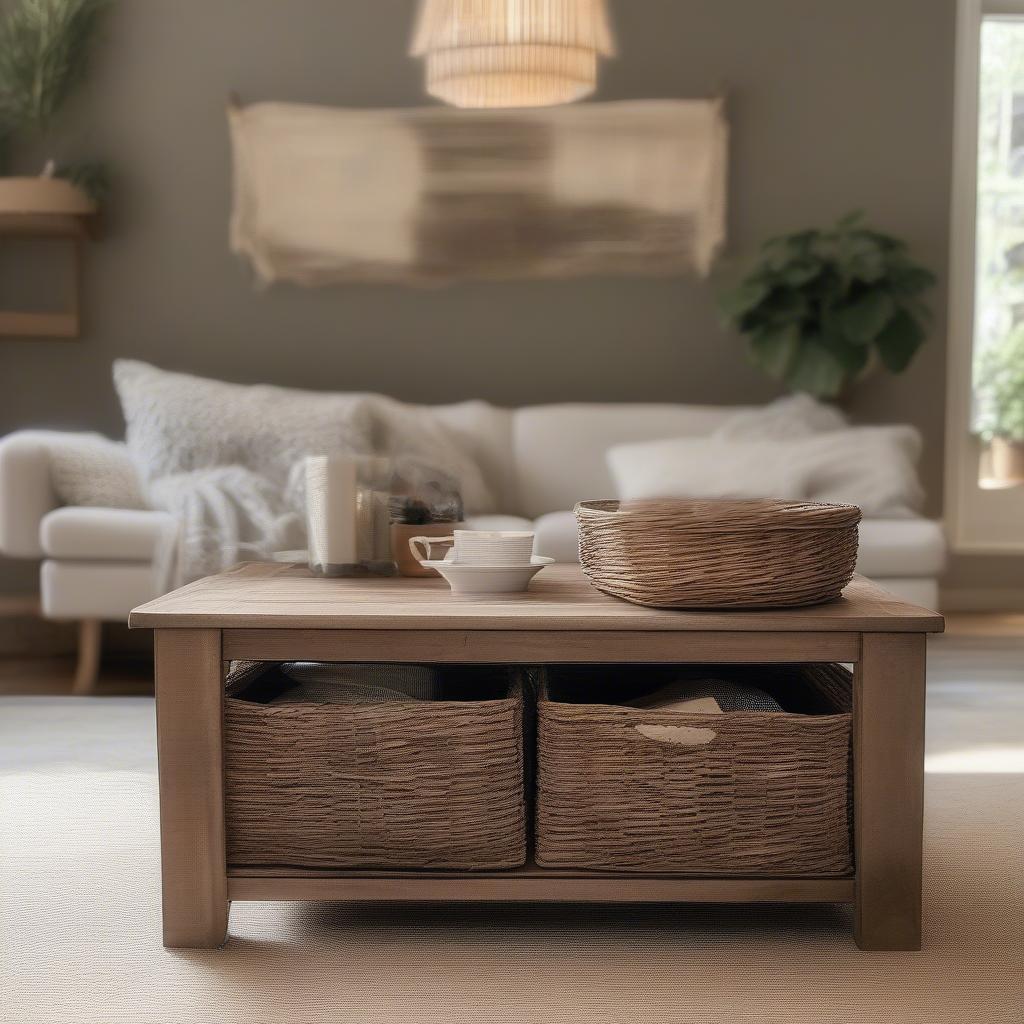 Reclaimed Wood Coffee Table with Wicker Storage Baskets