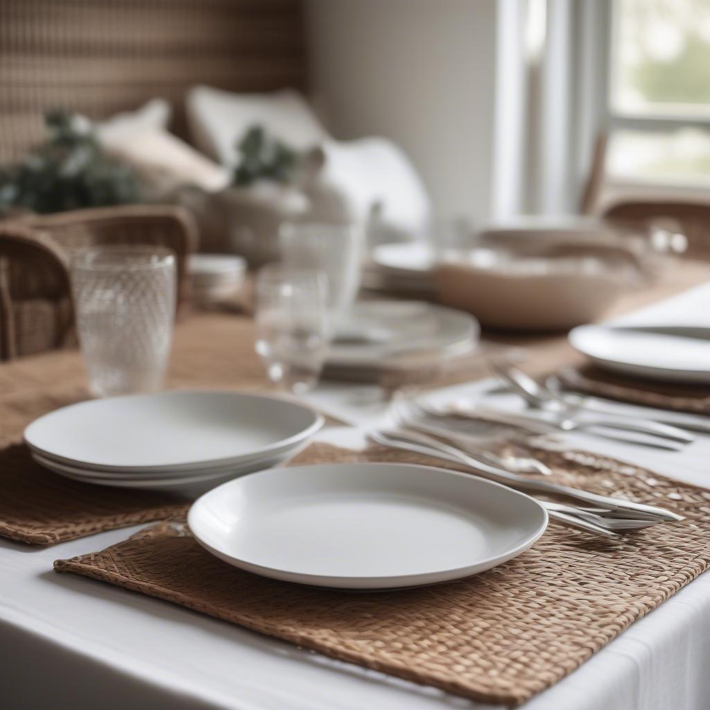 Rectangle wicker placemats on a beautifully set dining table