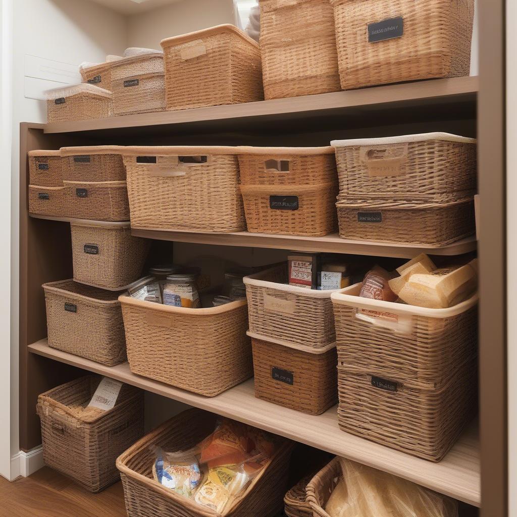 Rectangular wicker baskets neatly organize a kitchen pantry with labels and various sizes.