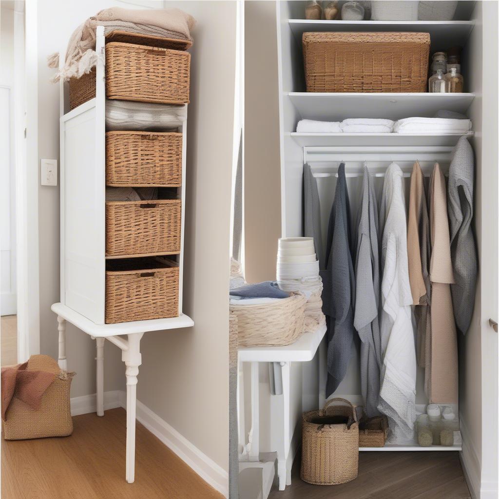 Rectangular wicker baskets used as space-saving storage solutions in various rooms.