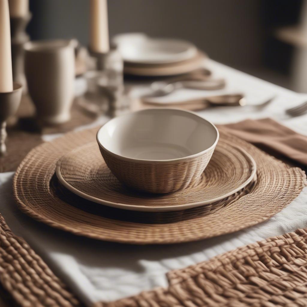 Rectangular wicker placemats on a beautifully set dining table