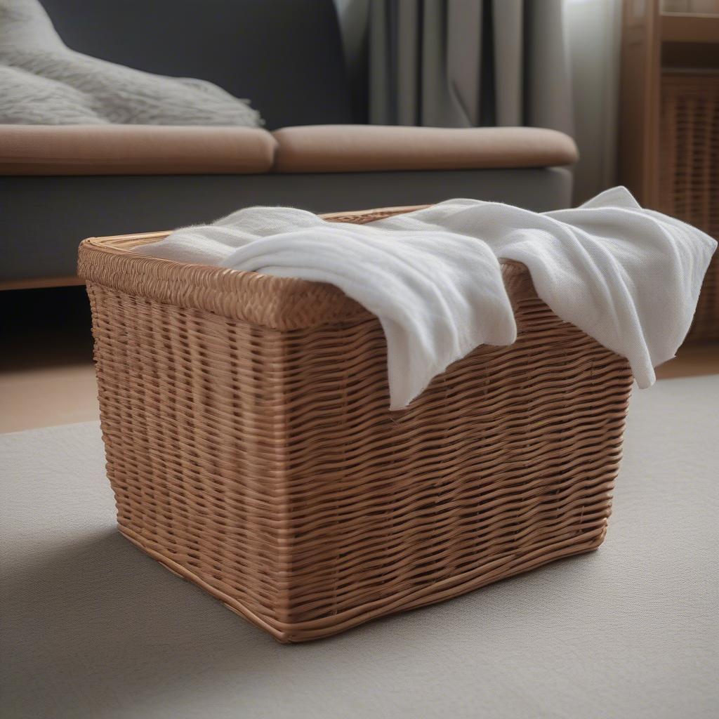 Rectangular wicker storage basket with lid and fabric liner in a living room setting