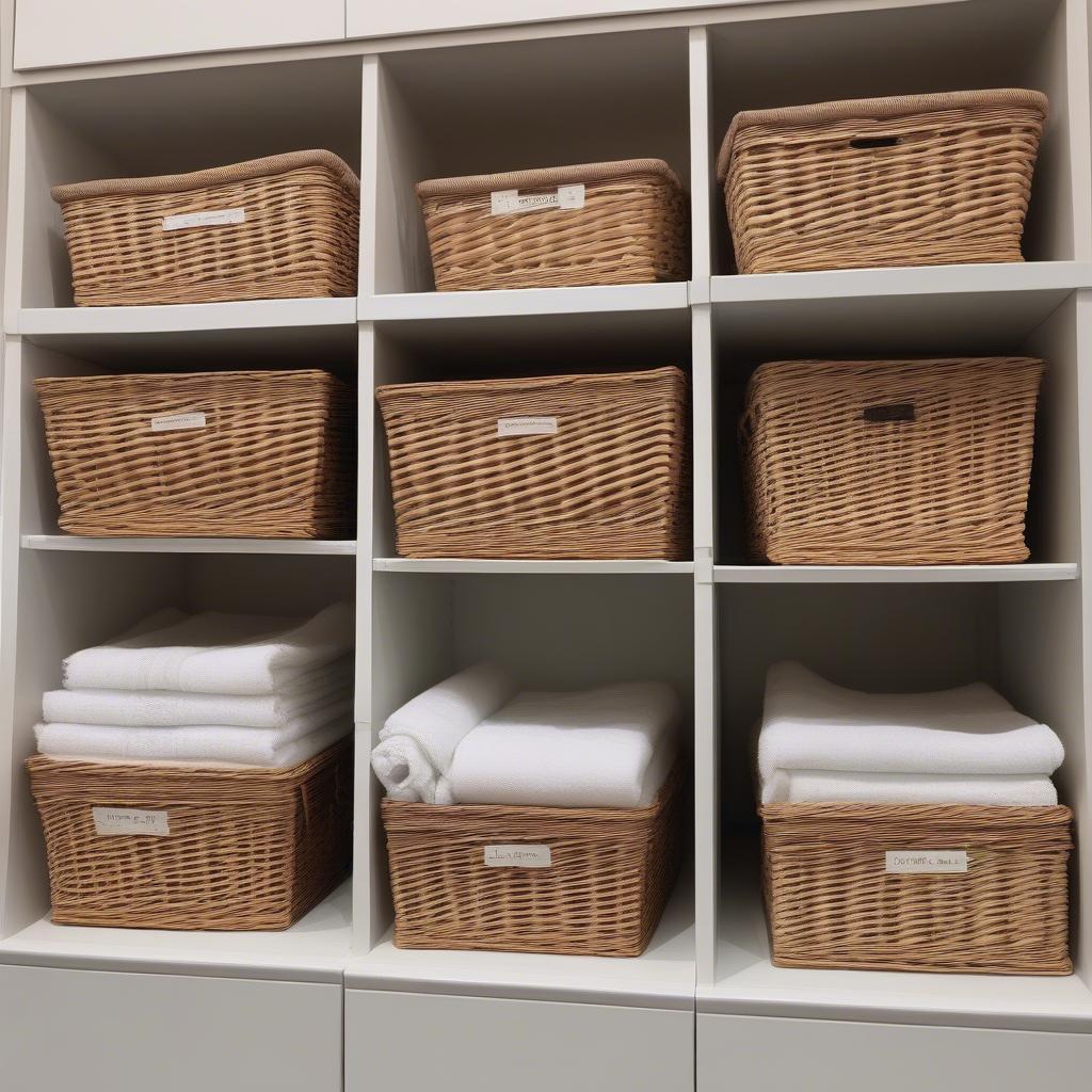 Rectangular wicker storage baskets neatly organizing items on shelves.