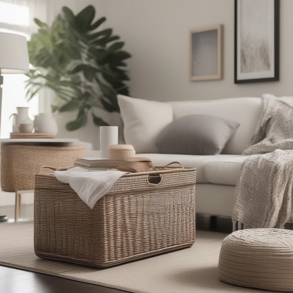 Rectangular wicker storage baskets in a living room setting