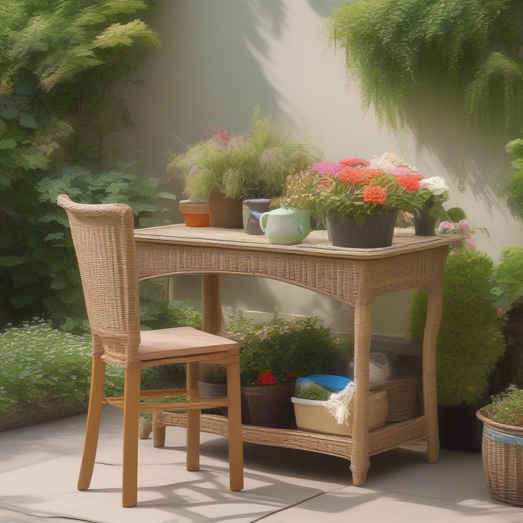 Rectangular wicker table with storage in a garden