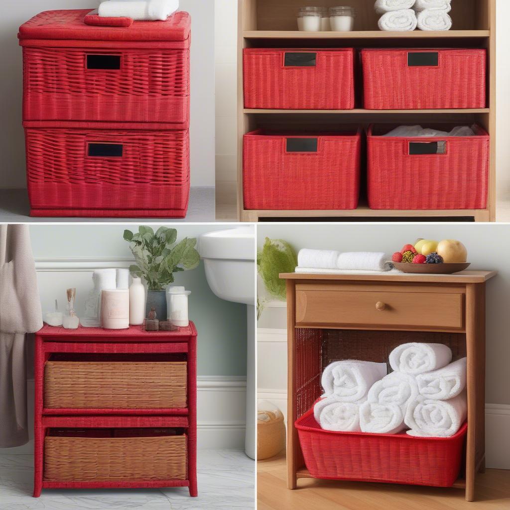 Different ways to use red wicker baskets for storage in various rooms.