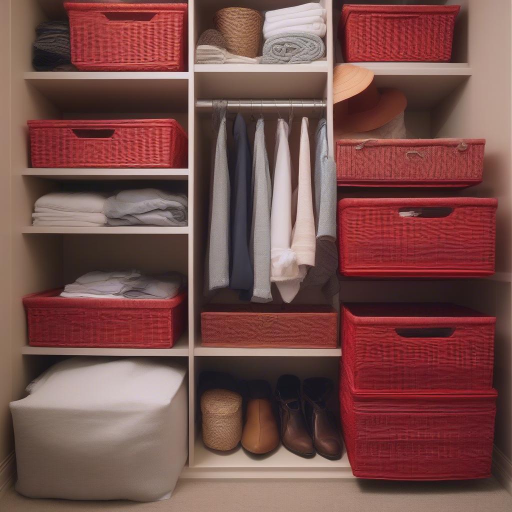 Red wicker baskets used for bedroom organization.