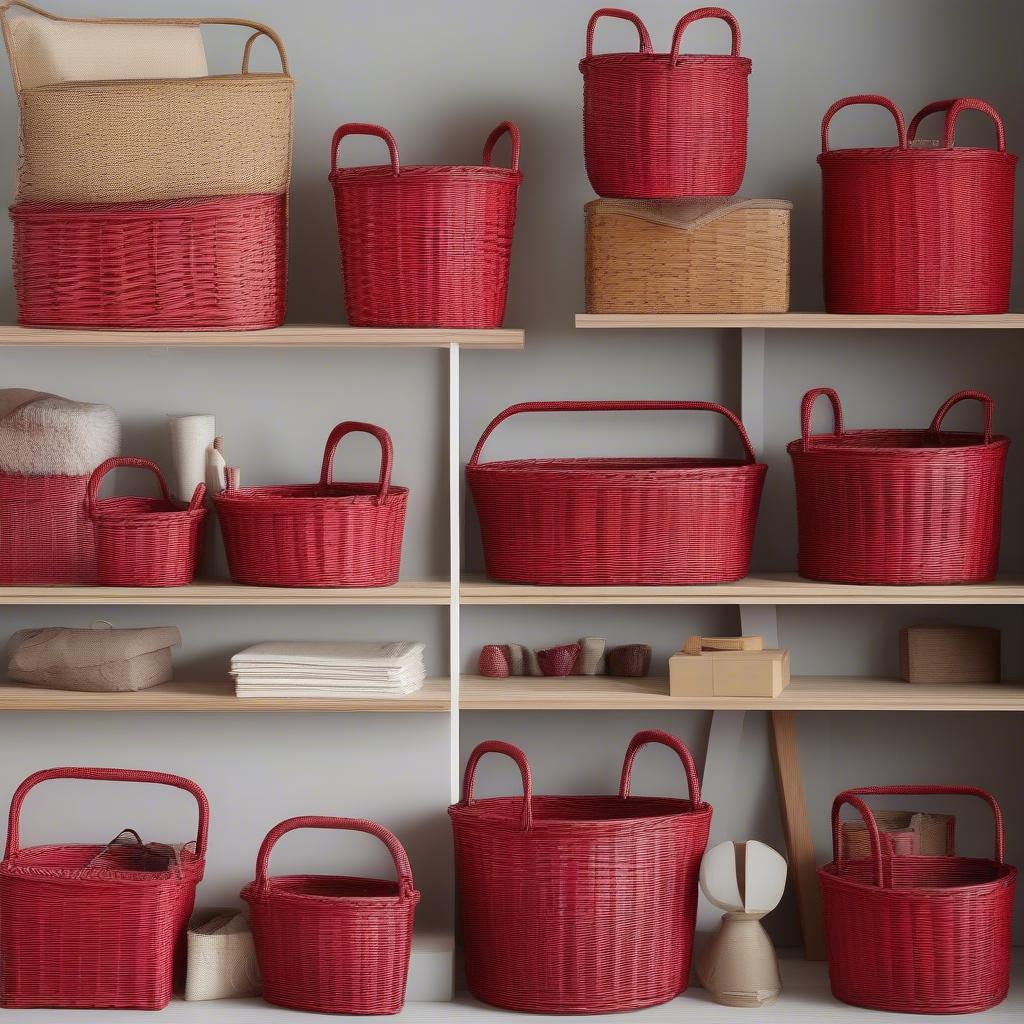 Red wicker baskets of different sizes and shapes.