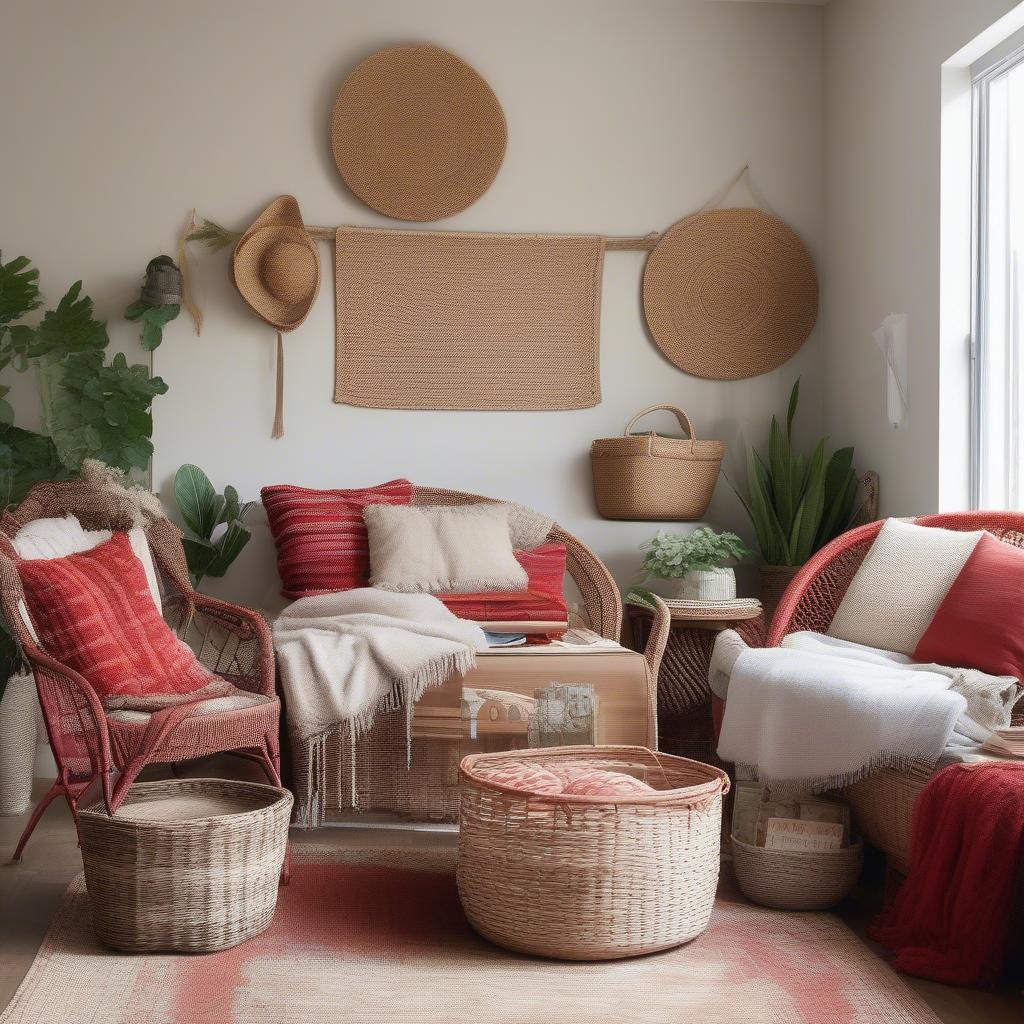 Red wicker baskets used as storage in a living room setting