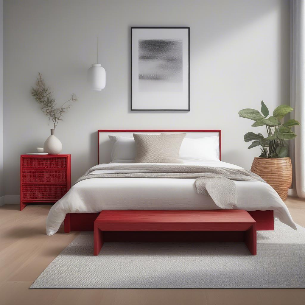 Red wicker cube storage in a bedroom