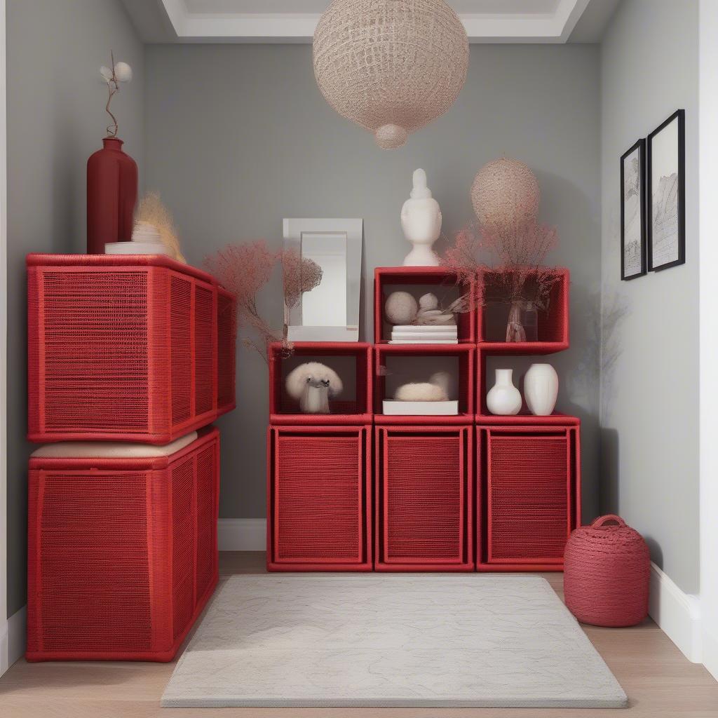 Red wicker cube storage in an entryway