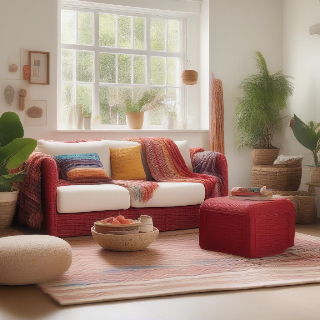 Red wicker cube storage in a living room setting