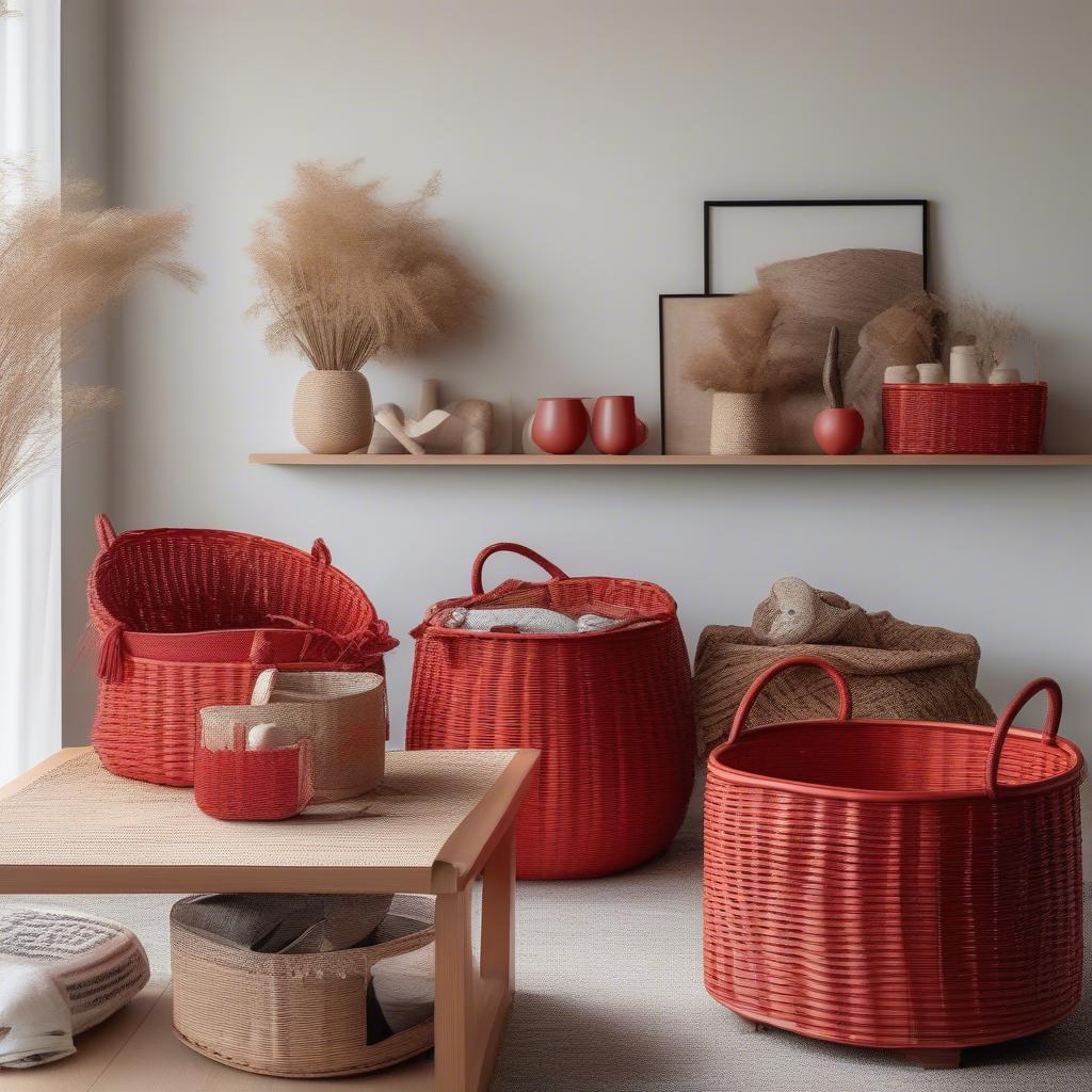 Red wicker storage baskets in a living room setting.