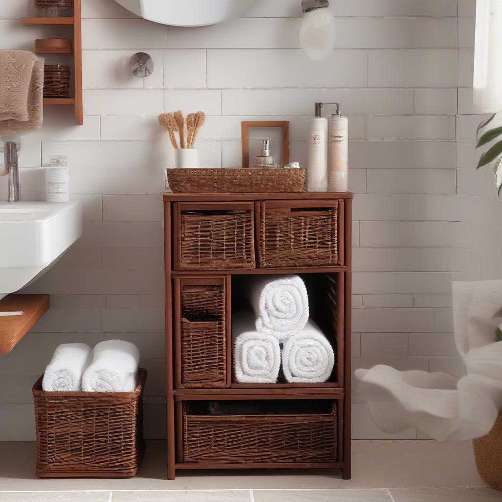 Reddish brown wicker storage cubes in a bathroom setting, providing a stylish storage solution for towels and toiletries.