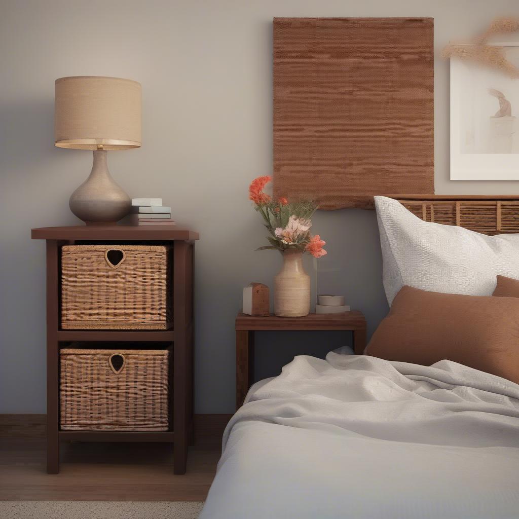 Reddish brown wicker storage cubes used as bedside tables in a bedroom, demonstrating their functionality and aesthetic appeal.