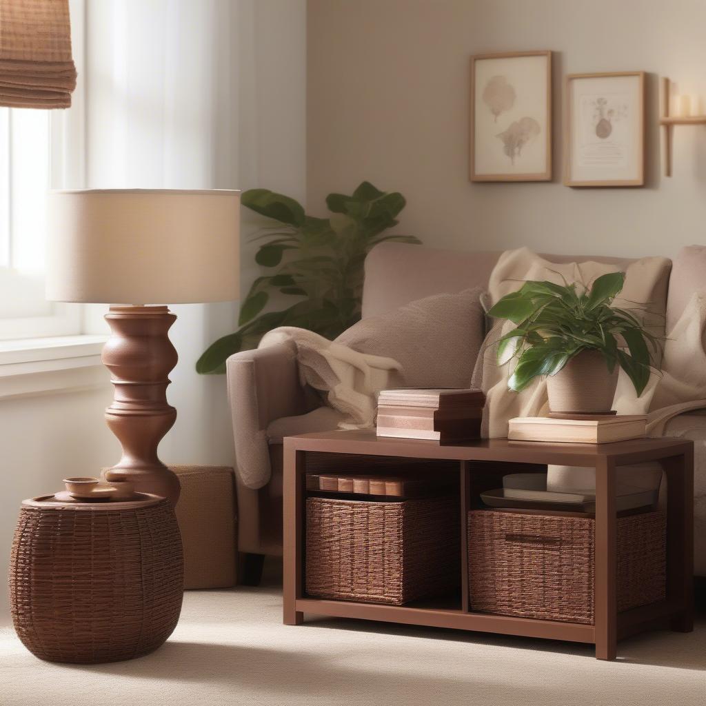 Reddish brown wicker storage cubes in a living room setting, showcasing their versatile storage capabilities and stylish design.