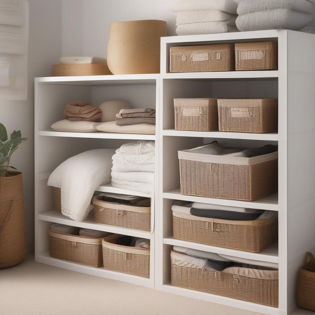 Resin wicker baskets used for bedroom organization