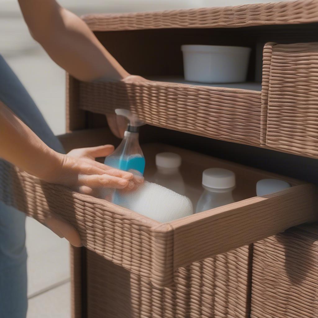 Cleaning a resin wicker outdoor cabinet.