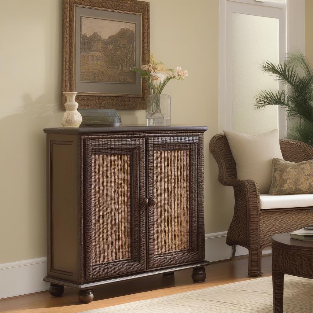 A resin wicker cabinet in a living room setting, demonstrating its versatility for indoor use.