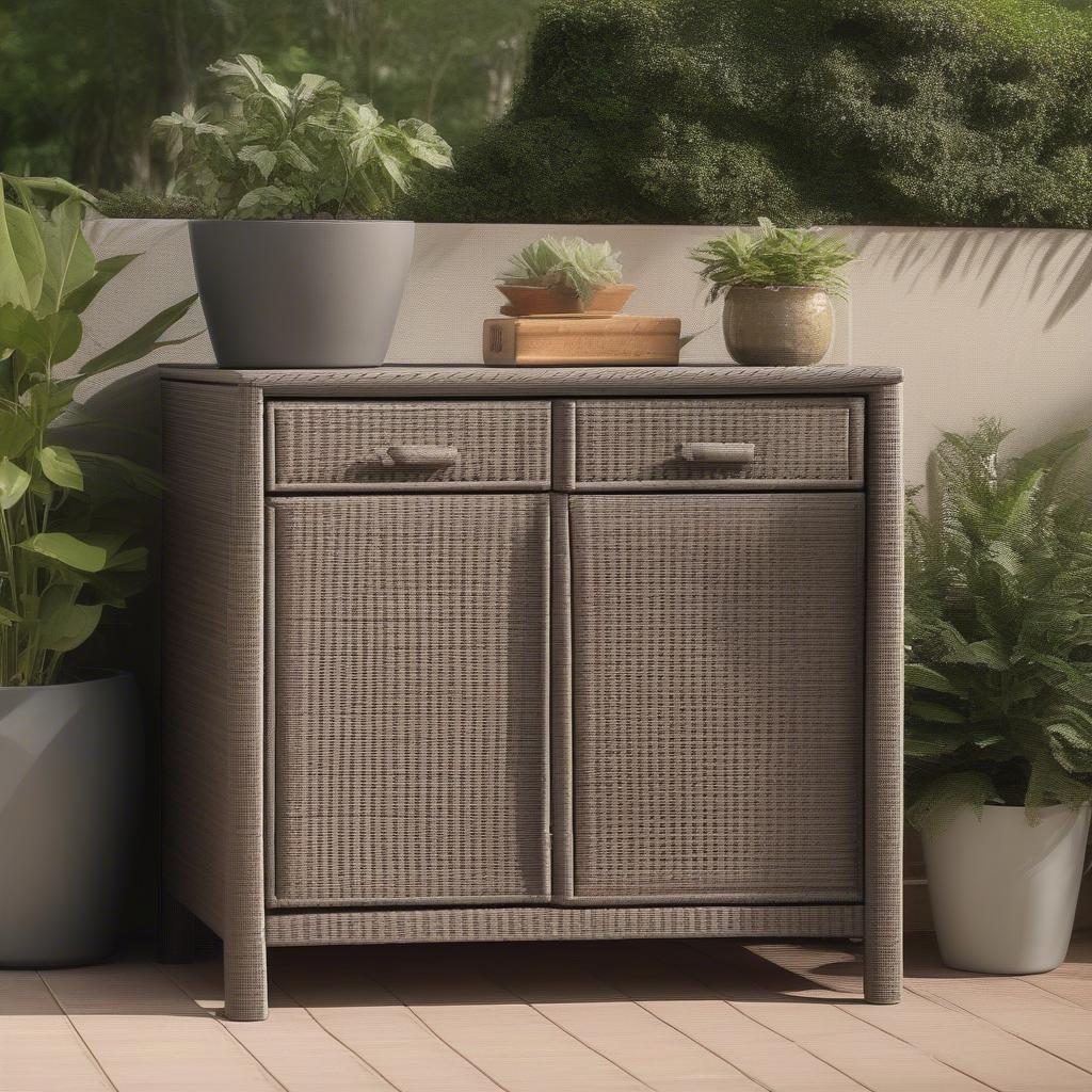 Resin wicker cabinet on an outdoor patio, showcasing its durability and style.