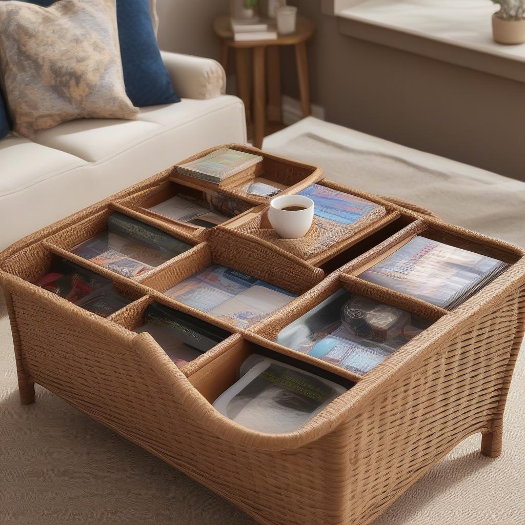 Organized storage inside a resin wicker coffee table