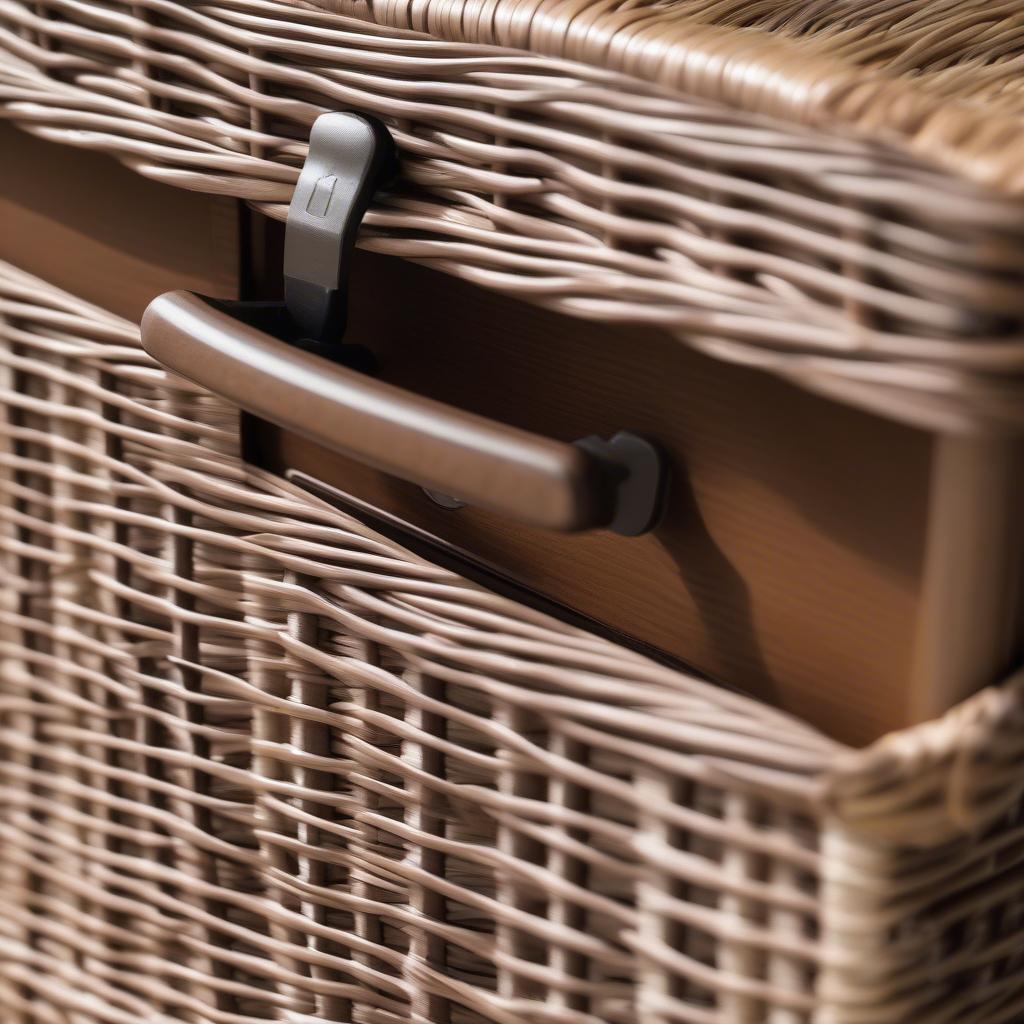 Close-up of features on a resin wicker cooler cabinet.