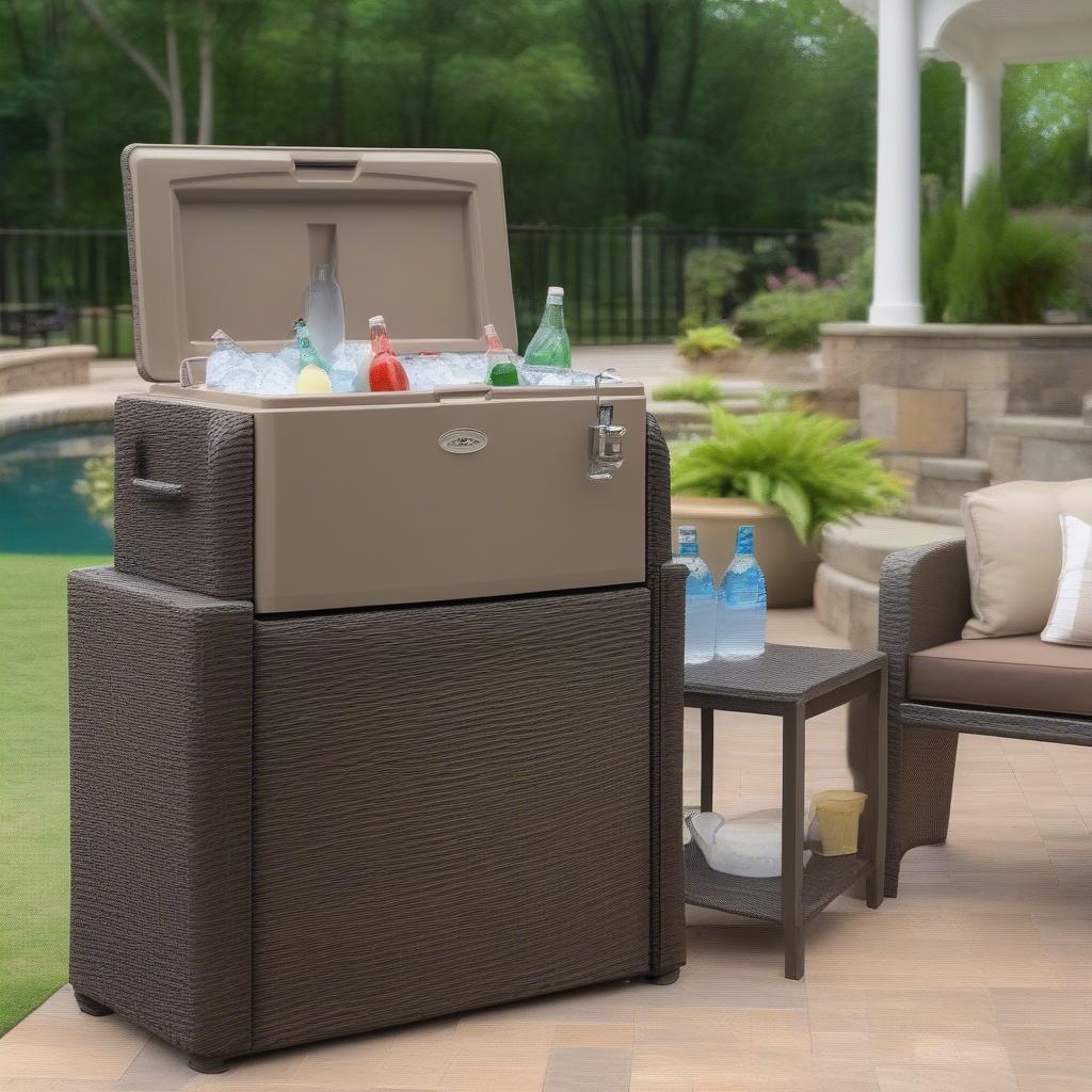 Resin wicker cooler with cabinet on an outdoor patio