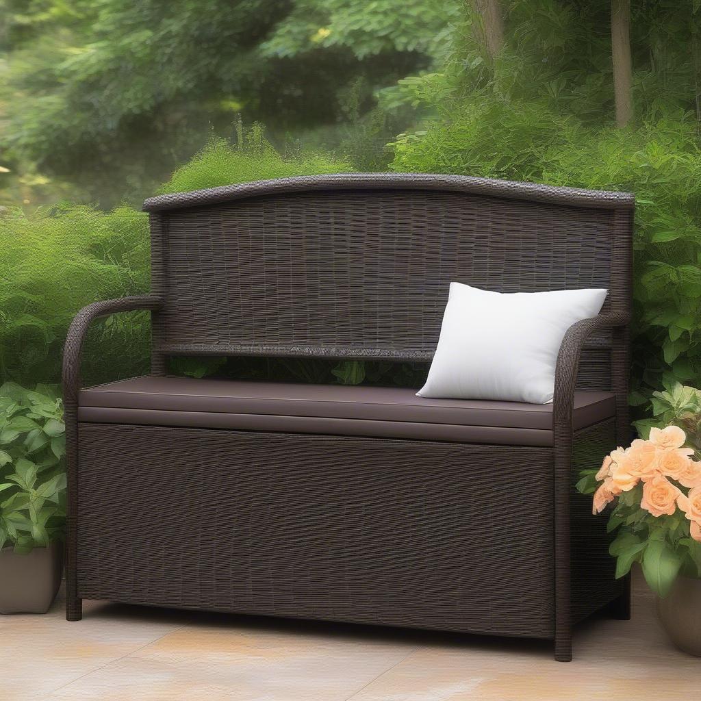 A resin wicker outdoor storage bench in a garden setting.