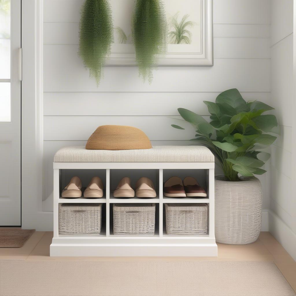 Stylish resin wicker shoe storage bench in a modern entryway