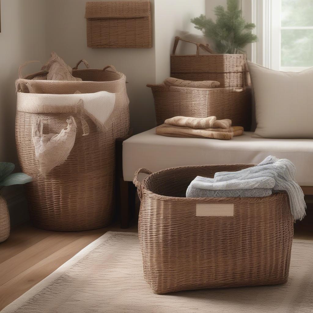 Resin wicker storage baskets neatly organizing items in a living room.