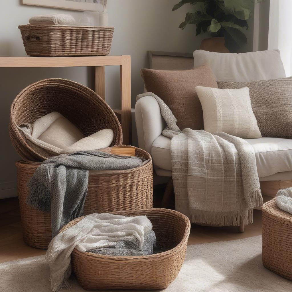 Resin wicker storage baskets in a living room setting